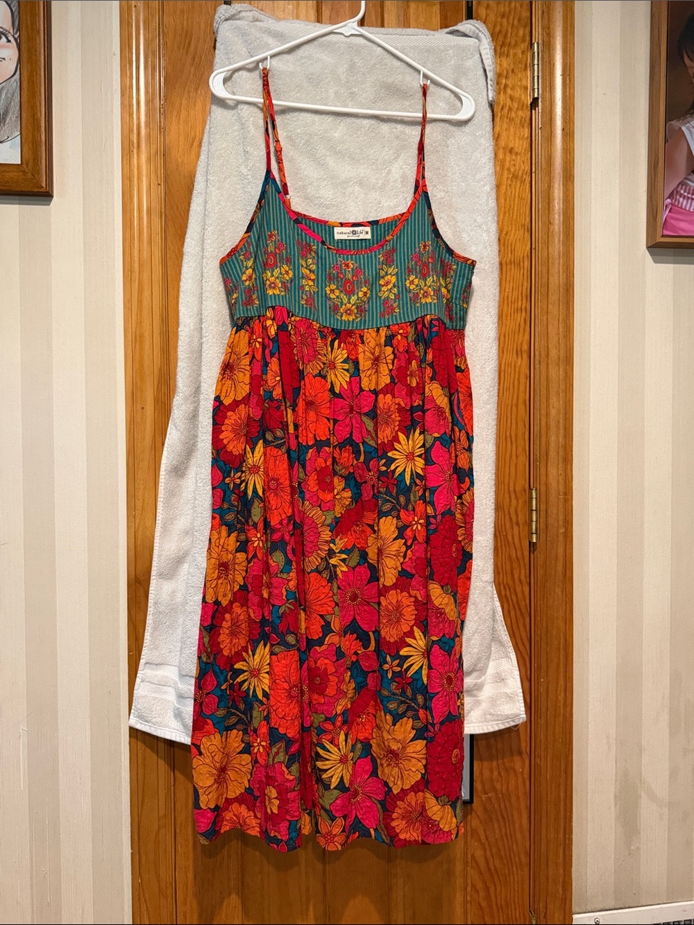 NATURAL LIFE Teal Stripe Floral Gigi dress with Pink & Orange Trim